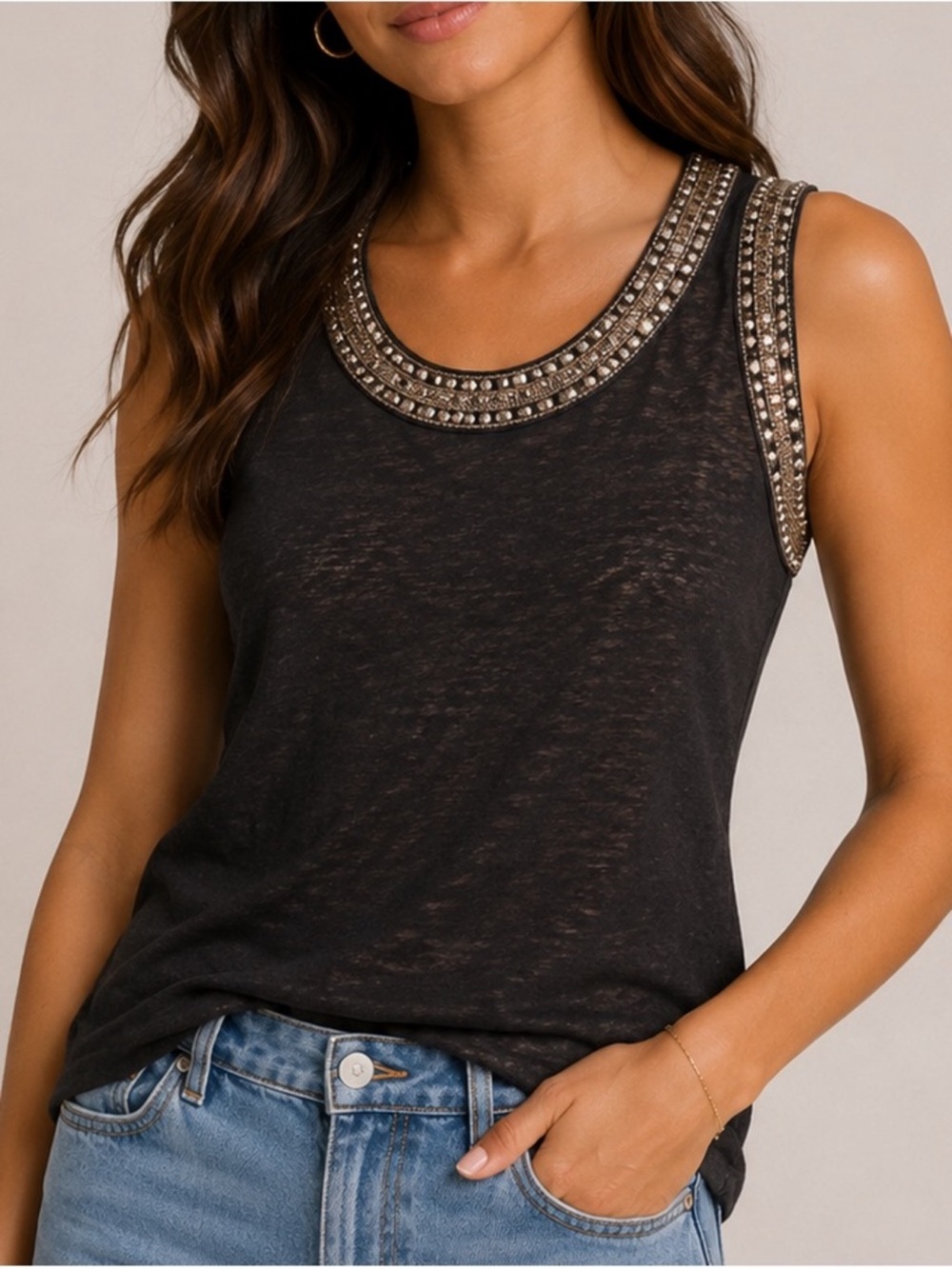 GENERATION LOVE Sleeveless Black Embellished Neckline Tank Top